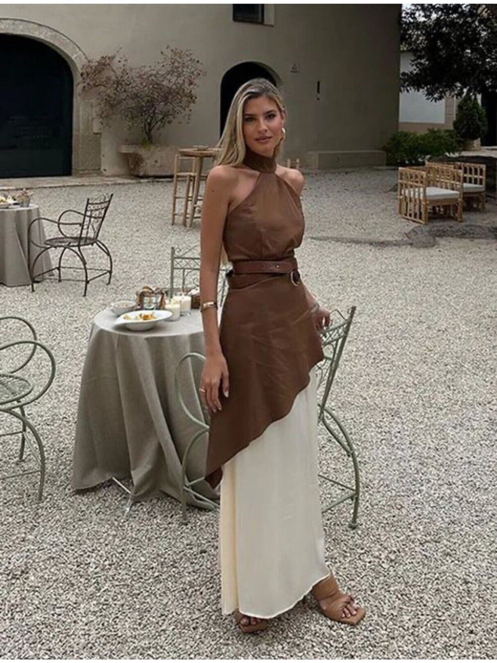 NWT IQ Collection Brown Cream Layered Halter Neck Sleeveless Dress XL